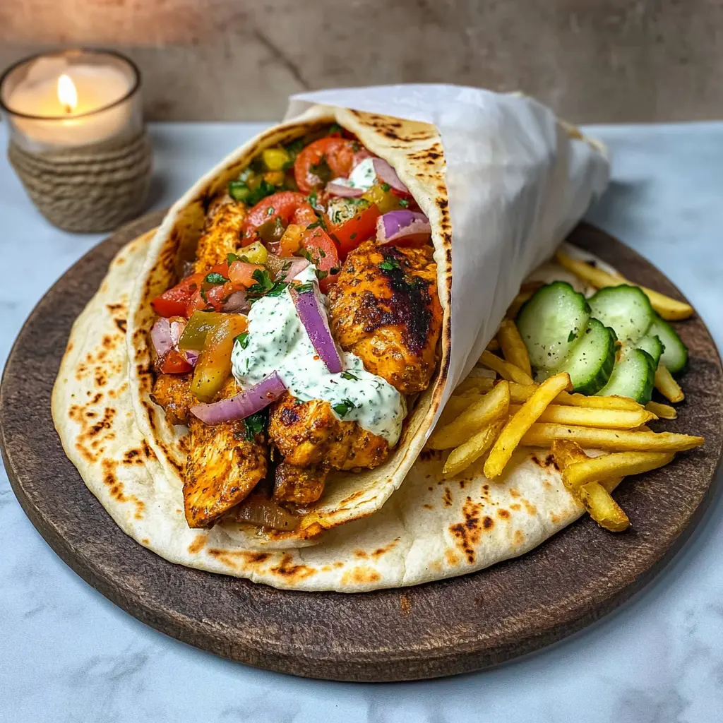 gyros de pui la air fryer rulat și servit cu cartofi și castraveți