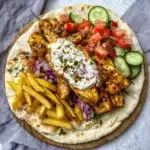 gyros de pui la air fryer servit pe lipie cu tzatziki și cartofi