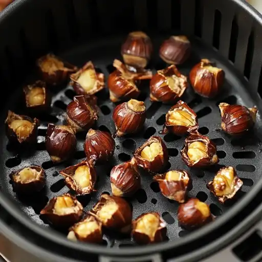 castane la air fryer în timpul coacerii, așezate în coșul friteuzei cu aer cald