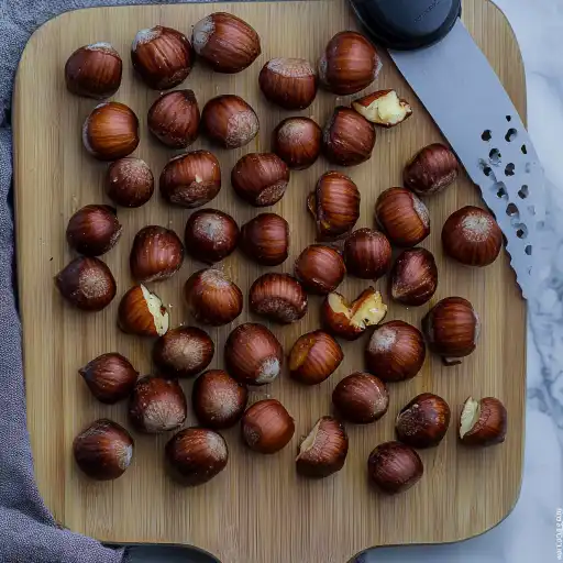 castane la air fryer pregătite pentru crestare pe tocător de lemn, cuțit lângă