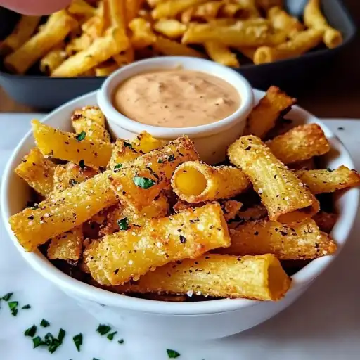 Chipsuri din paste la airfryer, aurii și crocante, servite într-un bol cu sos.