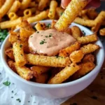 Chipsuri din paste la airfryer, aurii și crocante, servite într-un bol cu sos.