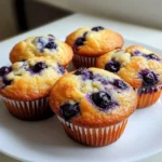 Briose Airfryer: Desertul Rapid Care Îți Va Schimba Diminețile 6 Briose airfryer aurii cu afine pe o farfurie albă