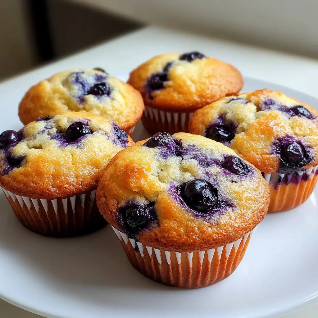 Briose Airfryer: Desertul Rapid Care Îți Va Schimba Diminețile 4 Briose airfryer aurii cu afine pe o farfurie albă