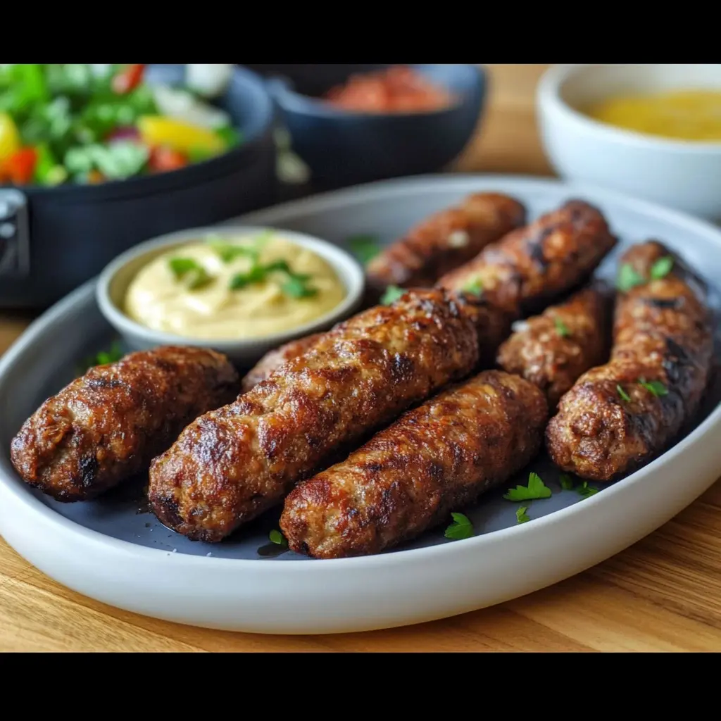 Mici la Airfryer în prim-plan, crustă rumenă, pătrunjel presărat și sos cremos în bol mic.