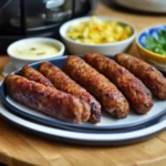 Mici la Airfryer pe farfurie albastră, rumeni, vedere la 45°, cu sos de muștar și salată în fundal.