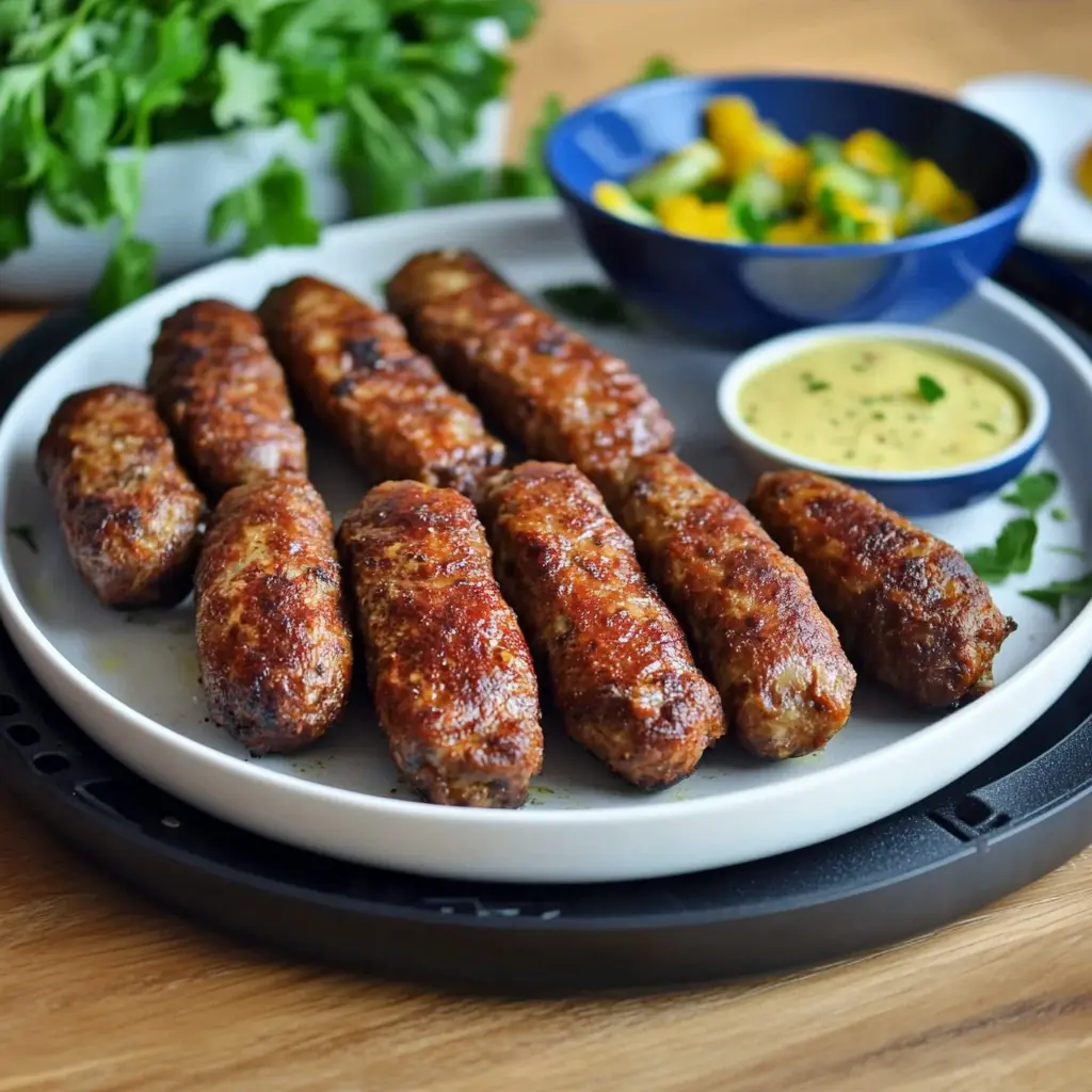 Mici la Airfryer pe platou mare, vedere ușor de sus, cu pătrunjel, muștar și salată alături.