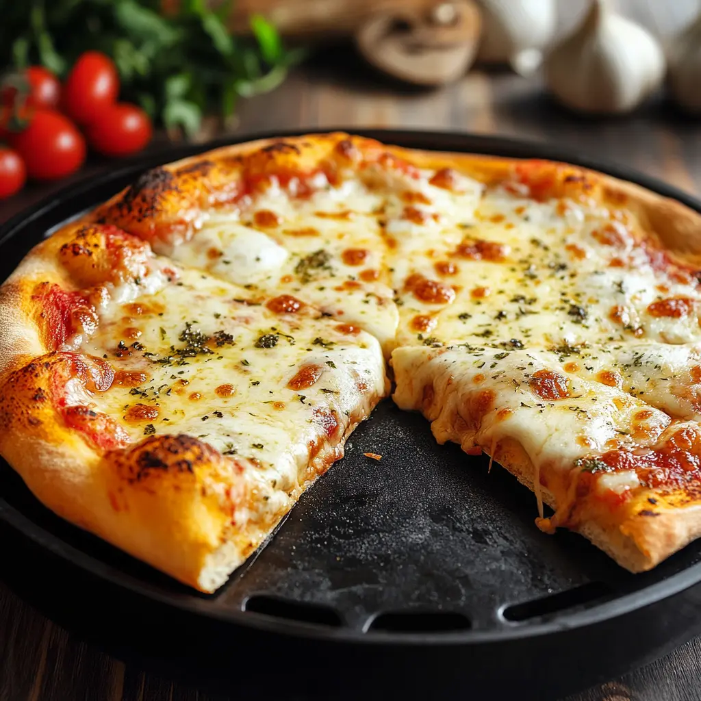 pizza air fryer cu brânză topită și blat auriu