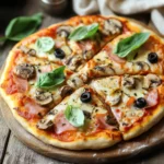 pizza air fryer cu măsline negre și frunze de busuioc