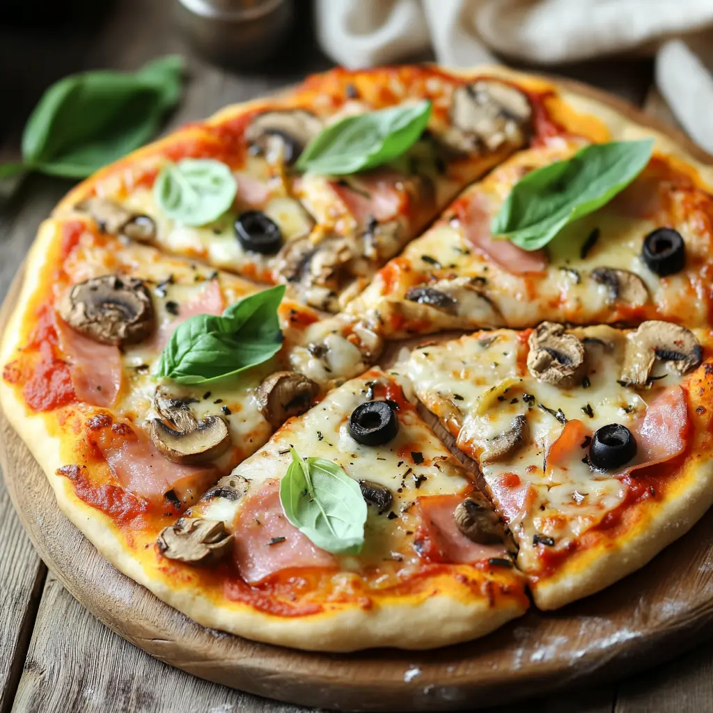 pizza air fryer cu măsline negre și frunze de busuioc