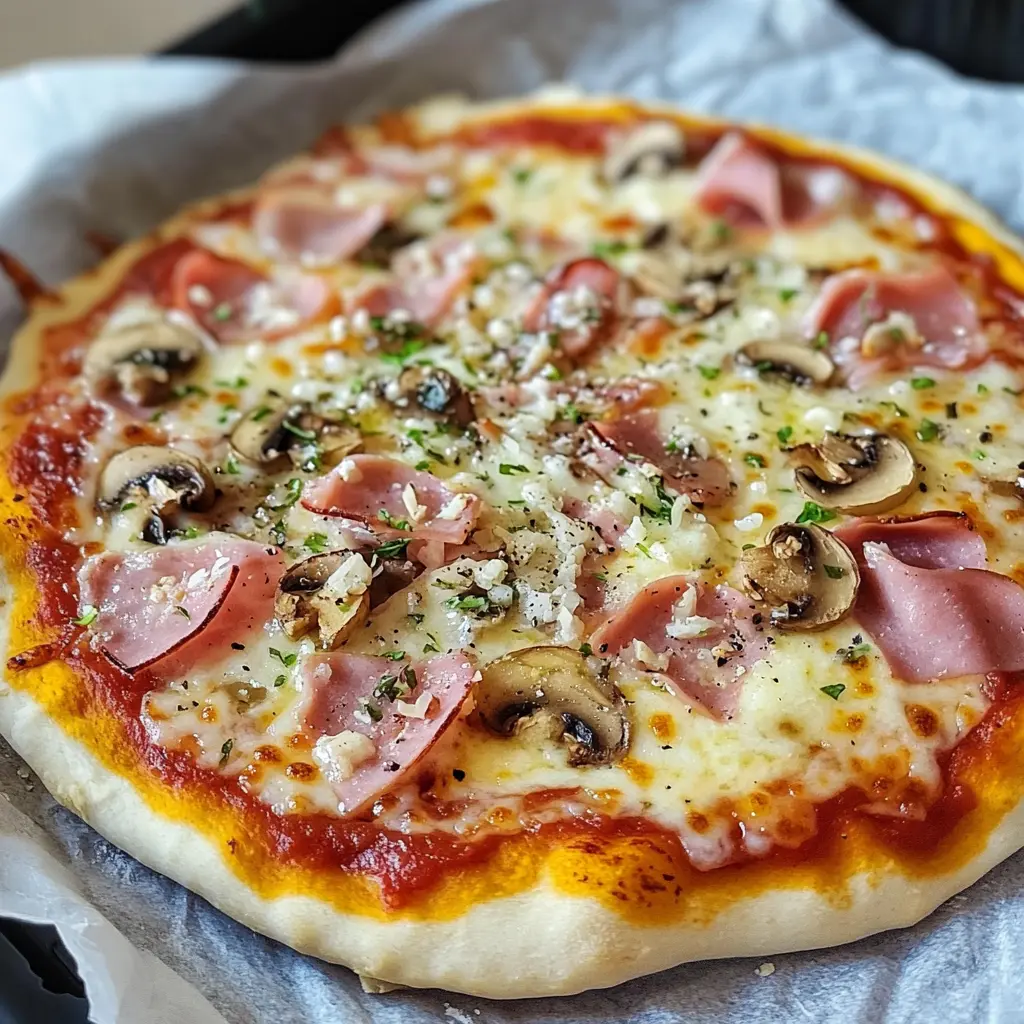 pizza air fryer cu șuncă, ciuperci și cașcaval