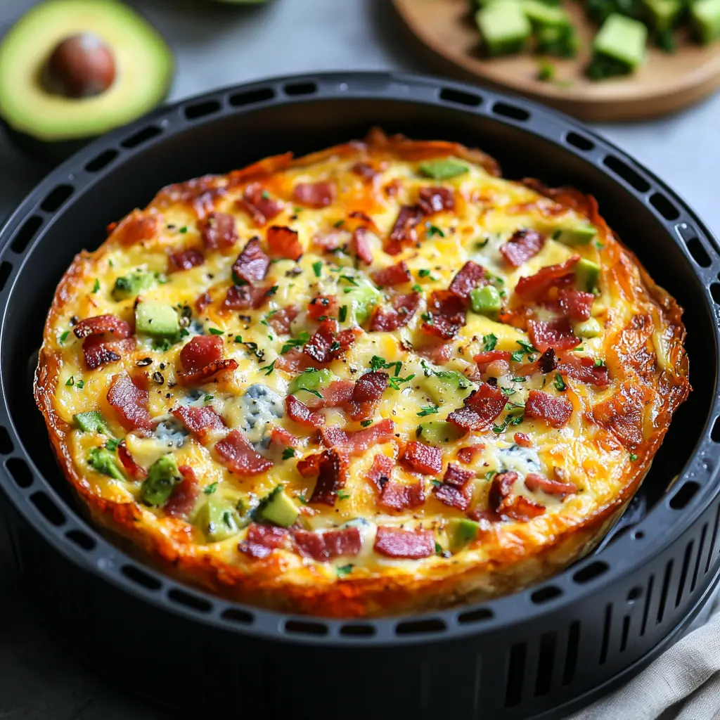Quiche fără crustă la airfryer proaspăt scos din aparat, cu bacon și verdeață