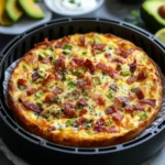 Quiche fără crustă la airfryer, vedere de aproape cu bacon crocant și avocado
