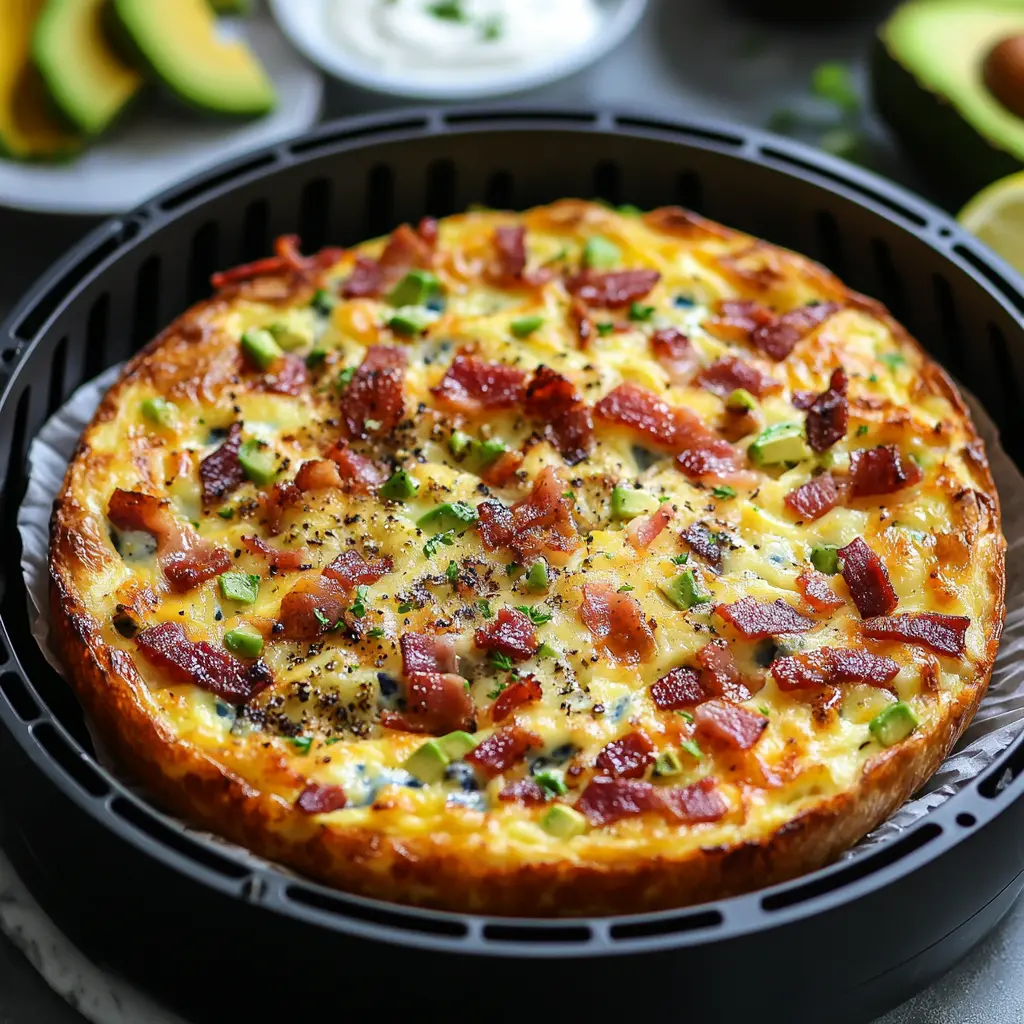 Quiche fără crustă la airfryer, vedere de aproape cu bacon crocant și avocado