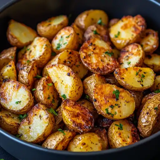 Cartofi la airfryer aurii și crocanți, gata de servit cu verdeață proaspătă