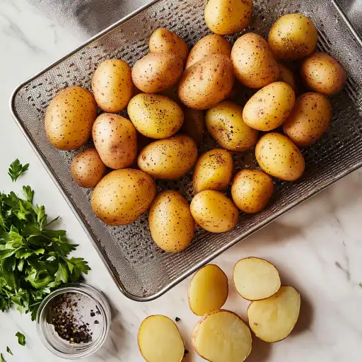 Cartofi pregătiți pentru airfryer, spălați și asezonați cu ierburi și condimente