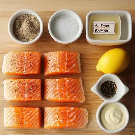Ingrediente pentru somon la airfryer – fileuri de somon, condimente, lămâie și ulei pregătite pentru gătire