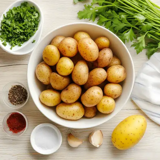 Ingrediente pentru cartofi la airfryer – cartofi proaspeți, condimente și ierburi aromate