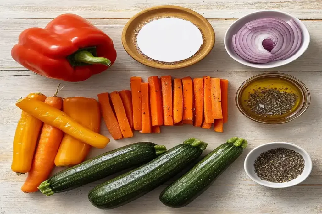 Ingrediente proaspete pentru legume la airfryer – dovlecel, ardei, morcov și ceapă.