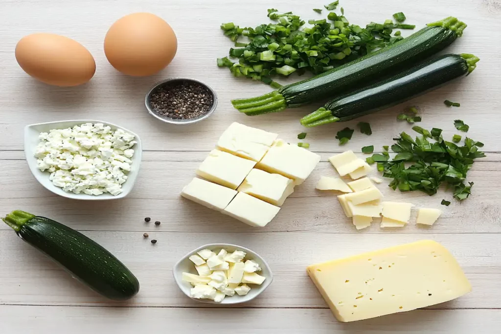 Ingrediente pentru rețete cu dovlecei cu brânză – dovlecei proaspeți, ouă, brânză feta și cașcaval