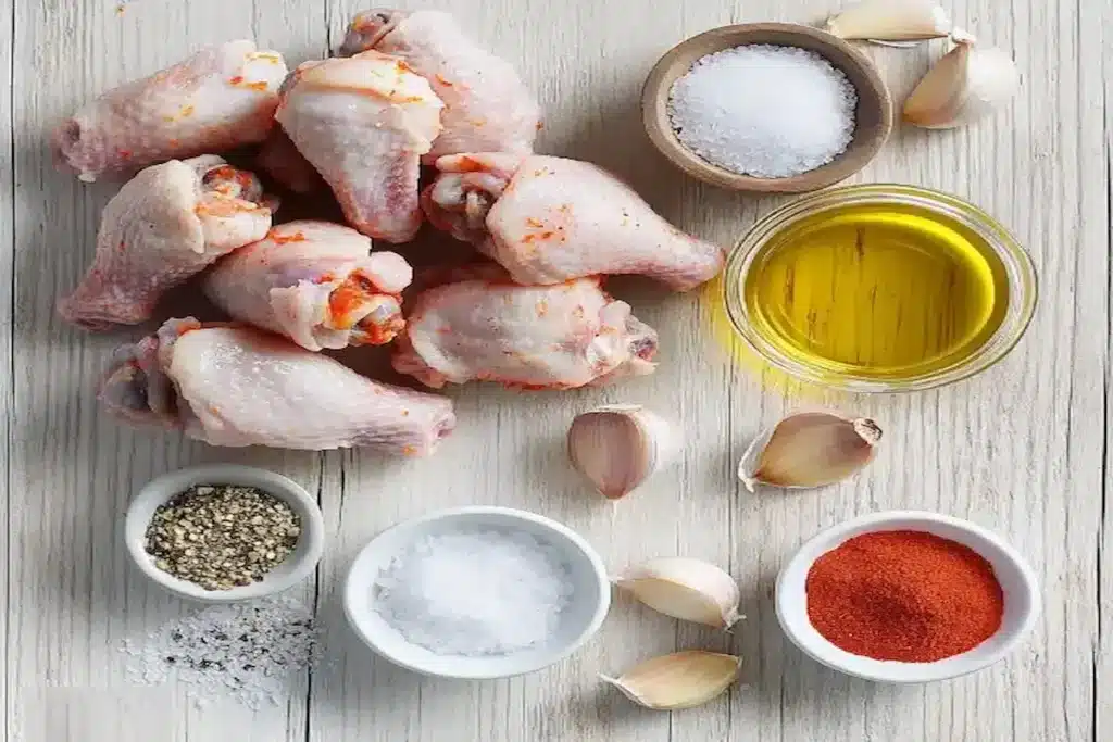 Ingrediente pentru aripioare de pui la cuptor – usturoi, boia, ulei de măsline, sare și piper