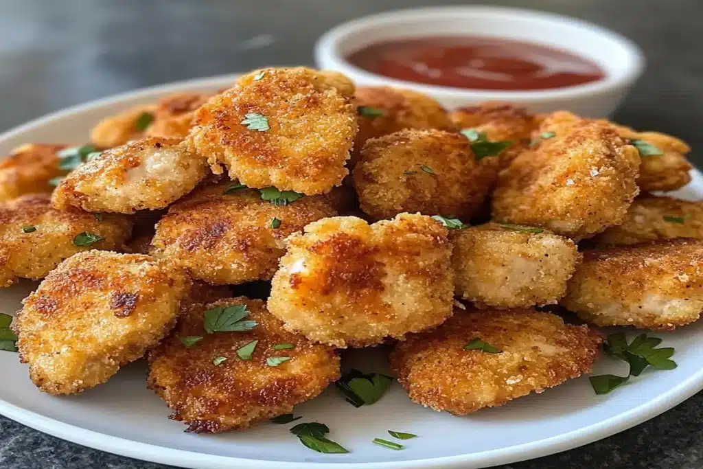 Nuggets de pui la airfryer crocanți și aurii serviți cu sos de roșii