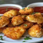 Nuggets de pui la airfryer aurii, serviți cu sos ketchup în boluri albe