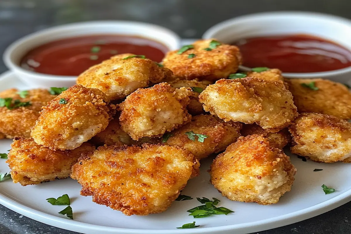 Nuggets de pui la airfryer aurii, serviți cu sos ketchup în boluri albe