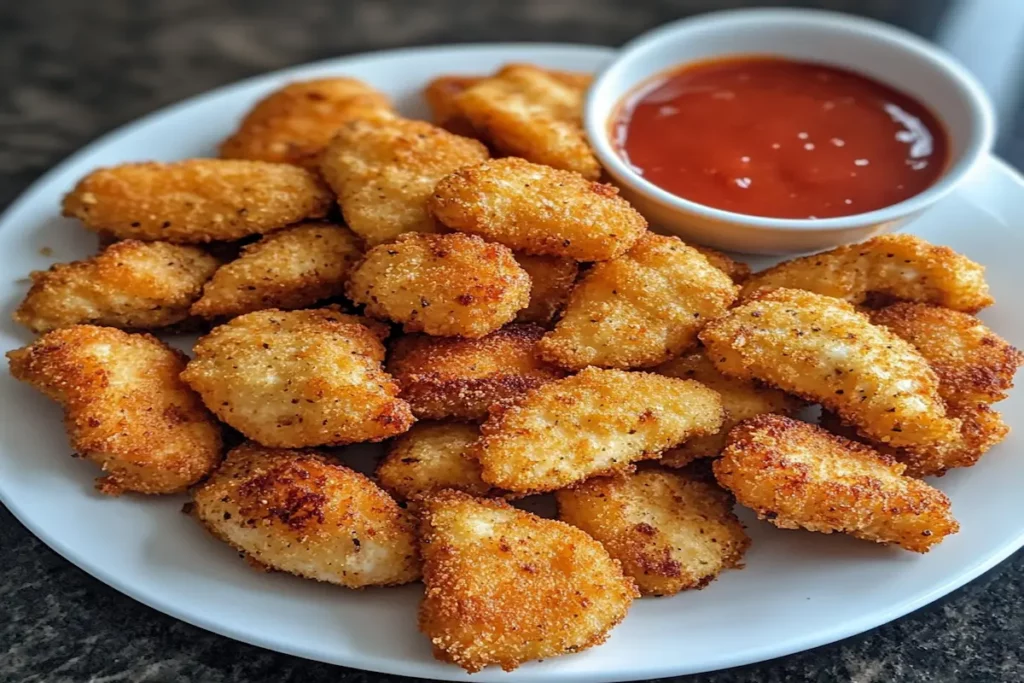 Porție de nuggets de pui la airfryer rumeniți uniform și serviți cu sos