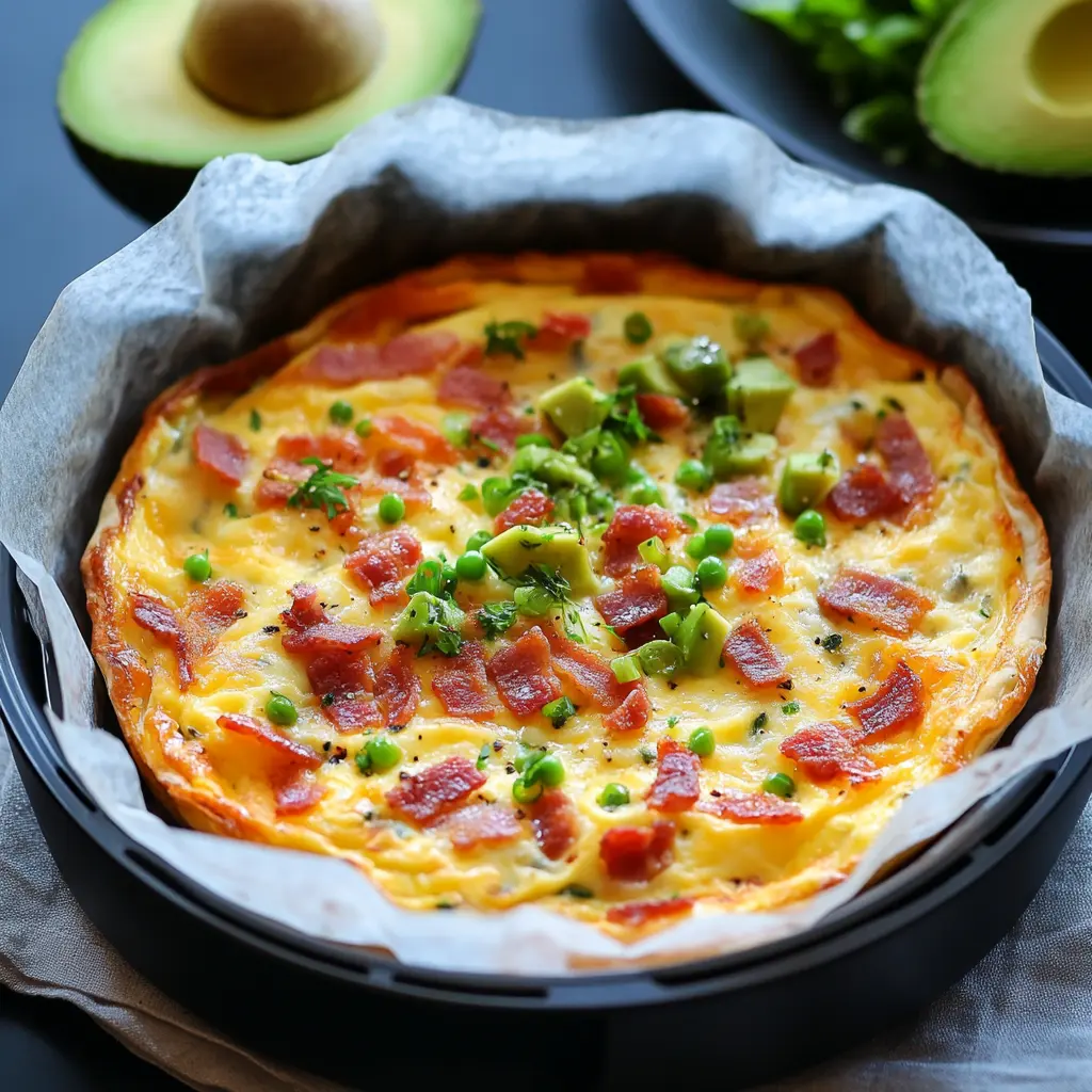 Quiche fără crustă la airfryer văzut de sus, cu mazăre și cuburi de avocado