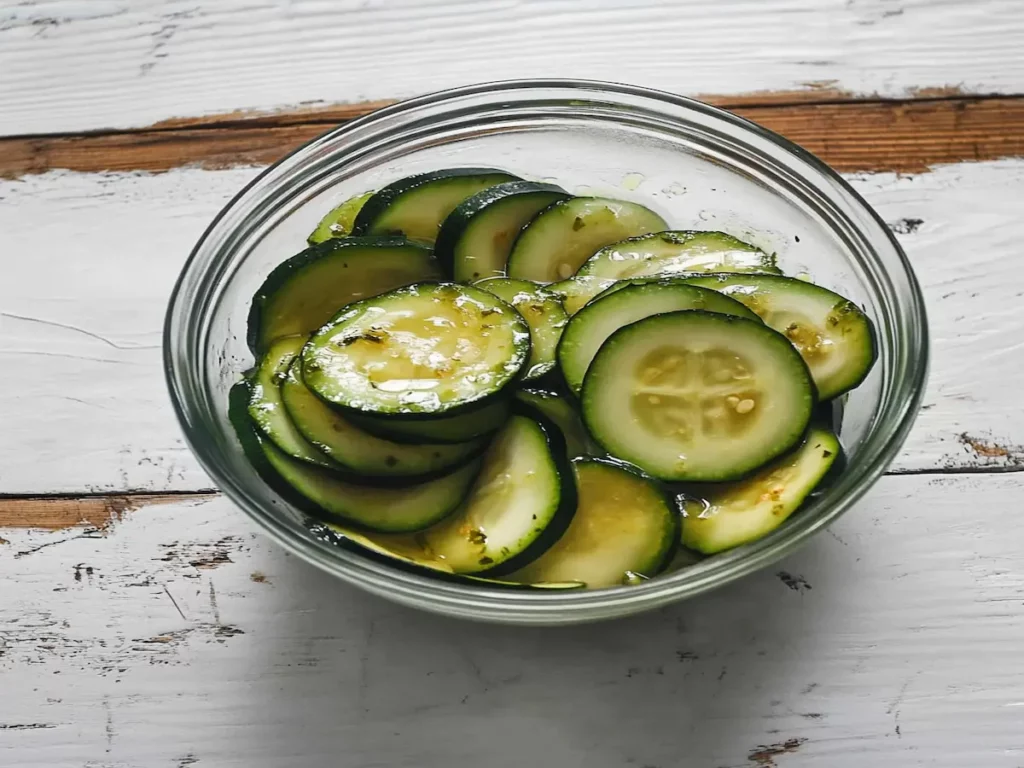 Cum să faci cei mai buni dovlecei marinați acasă – Secretul Irinei din Cluj 6 Felii de dovlecei marinați într-un bol de sticlă cu ulei de măsline și ierburi aromate