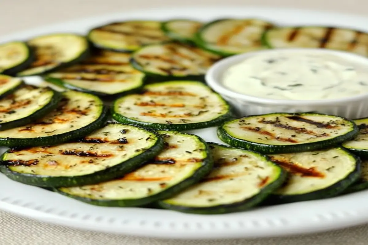 Felii de dovlecei la grătar așezate pe o farfurie albă, servite cu sos de iaurt.