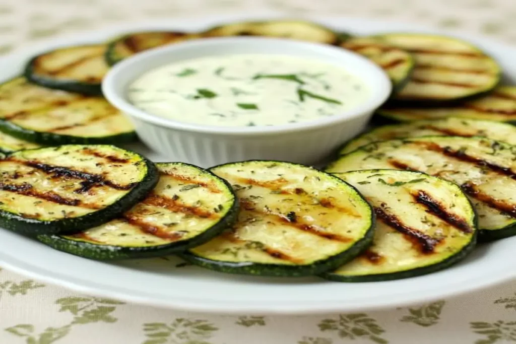 Dovlecei la grătar serviți cu sos verde de ierburi, aranjați pe farfurie rotundă.