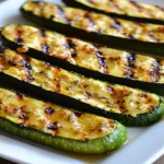 Dovlecei tăiați pe lungime, copți la grătar cu condimente și usturoi.