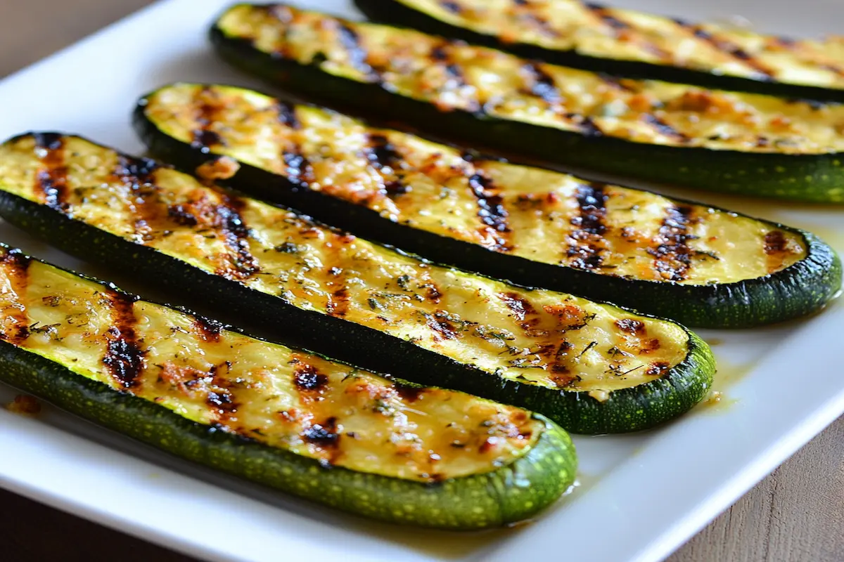 Dovlecei tăiați pe lungime, copți la grătar cu condimente și usturoi.