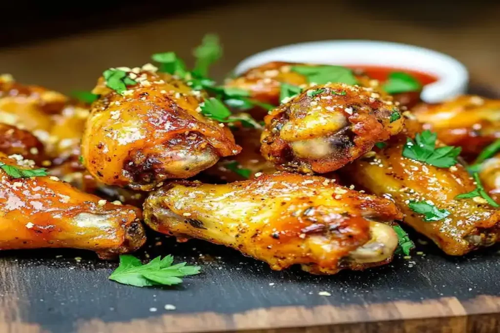 Aripioare de pui la cuptor servite pe platou, glazurate cu sos picant și ierburi aromate