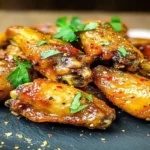 Aripioare de pui la cuptor rumenite, crocante și fragede, servite cu pătrunjel verde