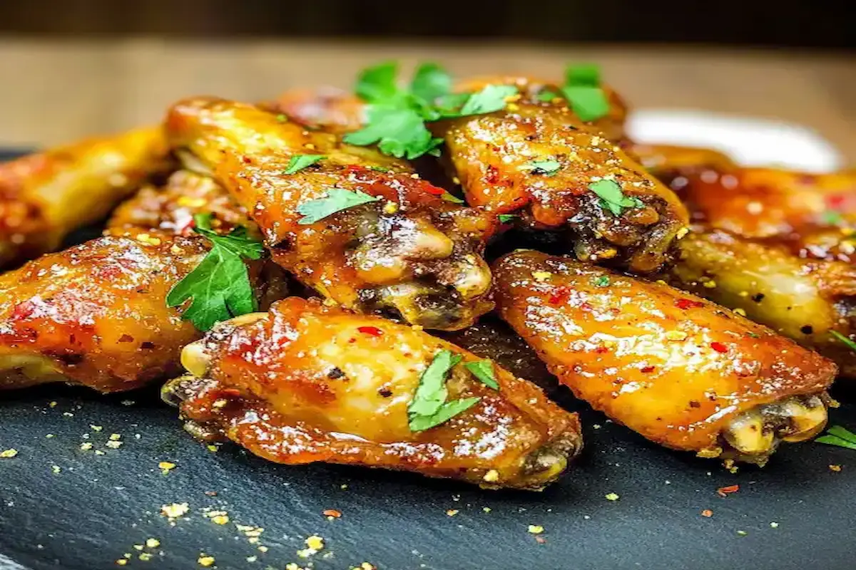 Aripioare de pui la cuptor rumenite, crocante și fragede, servite cu pătrunjel verde