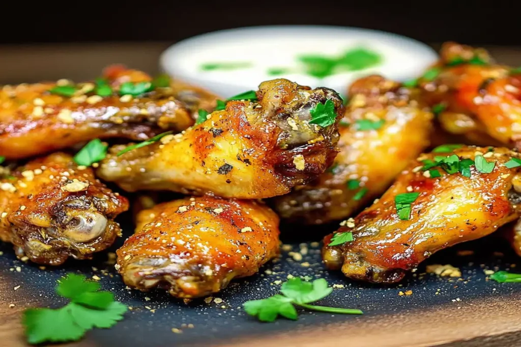 Aripioare de pui la cuptor glazurate, crocante și rumenite uniform, servite cu verdeață proaspătă