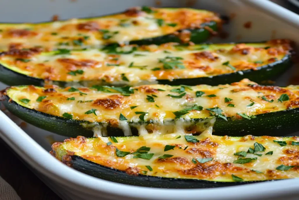 Rețete cu dovlecei cu brânză – detaliu cu brânză topită și crustă rumenă