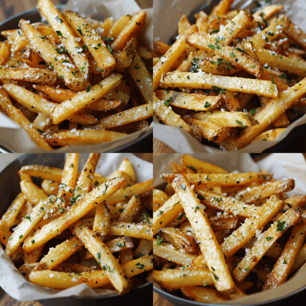 Cum să faci cartofi prajiti cu usturoi – rețetă rapidă la Air Fryer 9 Prim-plan cu cartofi prăjiți cu usturoi, crocanți și presărați cu verdeață.