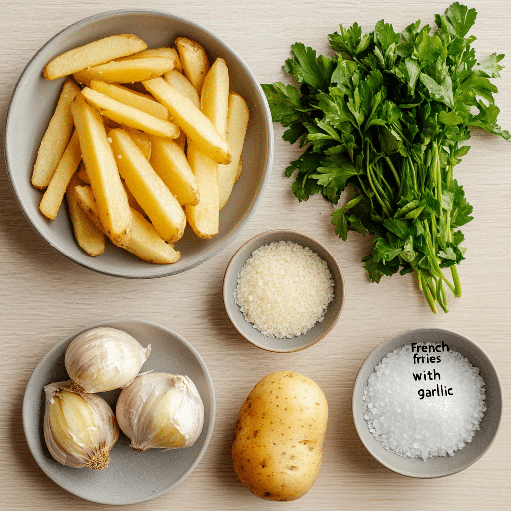 Cum să faci cartofi prajiti cu usturoi – rețetă rapidă la Air Fryer 8 Ingrediente pentru cartofi prăjiți cu usturoi așezate tip flatlay pe masă.