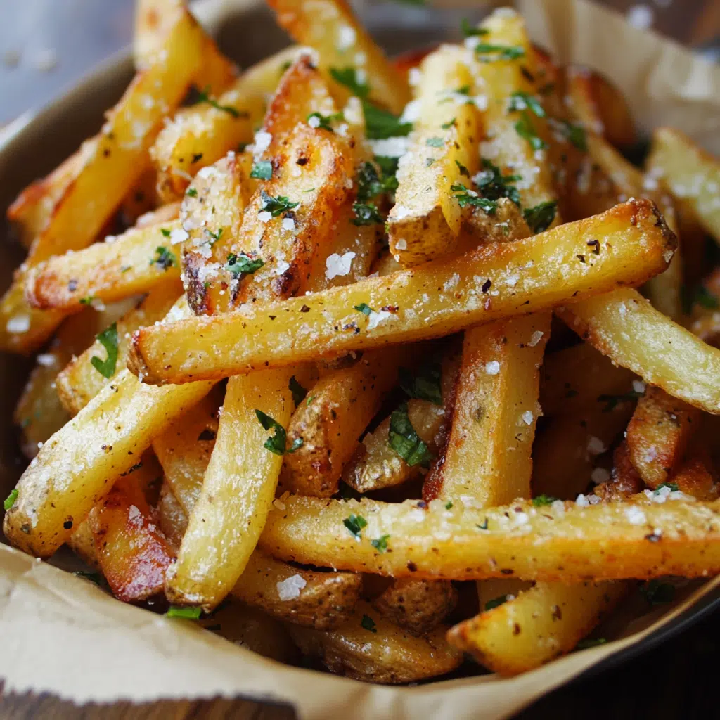 Cartofi prăjiți cu usturoi surprinși dintr-un unghi lateral, cu textură aurie.