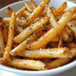 Cum să faci cartofi prajiti cu usturoi – rețetă rapidă la Air Fryer 7 Cartofi prăjiți cu usturoi serviți într-un bol alb, rumeniți și presărați cu ierburi.