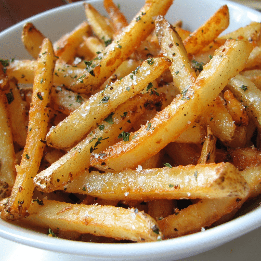 Cum să faci cartofi prajiti cu usturoi – rețetă rapidă la Air Fryer 6 Cartofi prăjiți cu usturoi serviți într-un bol alb, rumeniți și presărați cu ierburi.