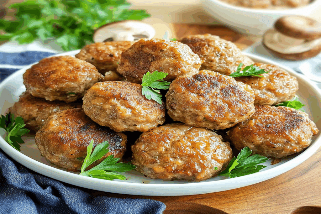 Chiftele de ciuperci la cuptor decorate cu pătrunjel și o felie de lămâie