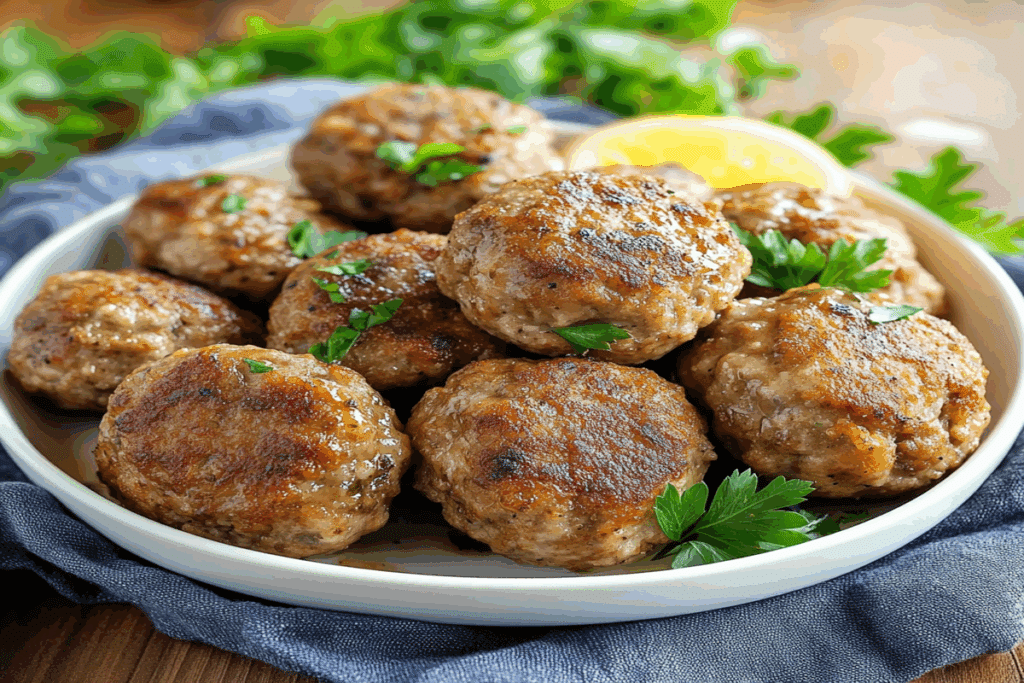 Chiftele de ciuperci la cuptor văzute de sus pe o farfurie întinsă