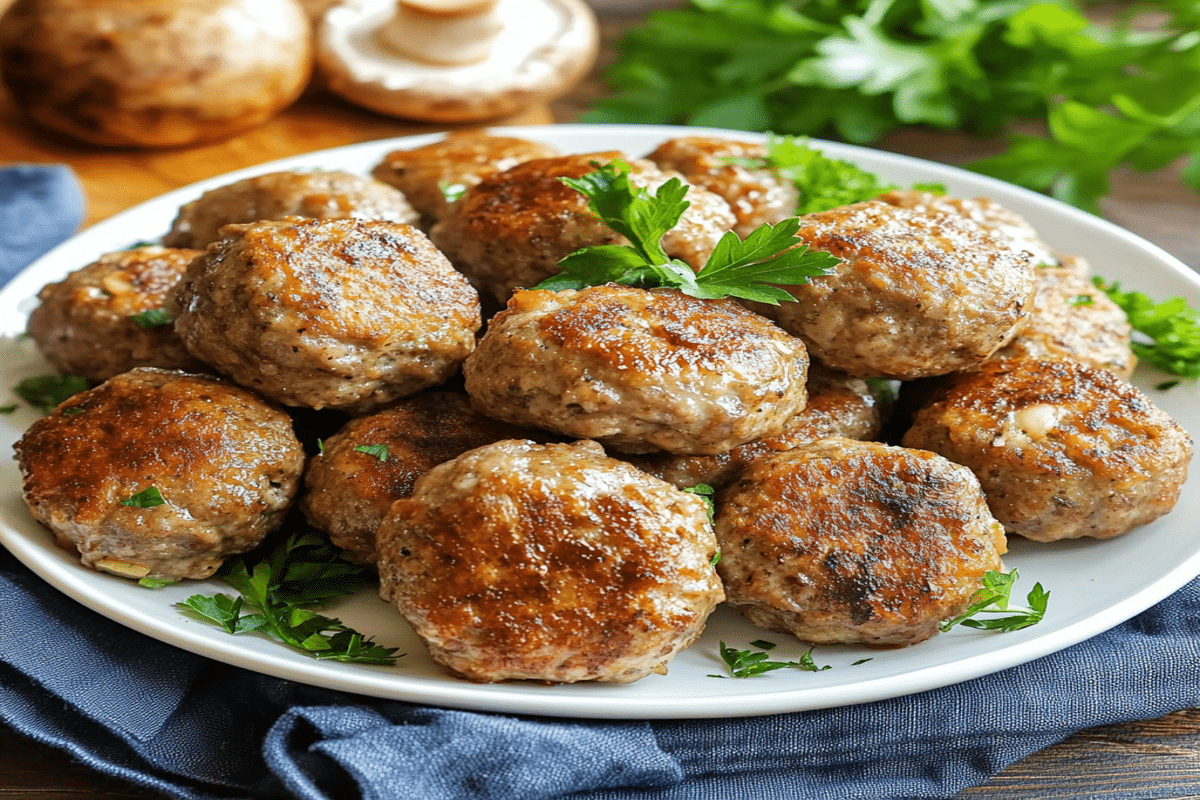 Chiftele de ciuperci la cuptor fotografiate de aproape pe o farfurie albă