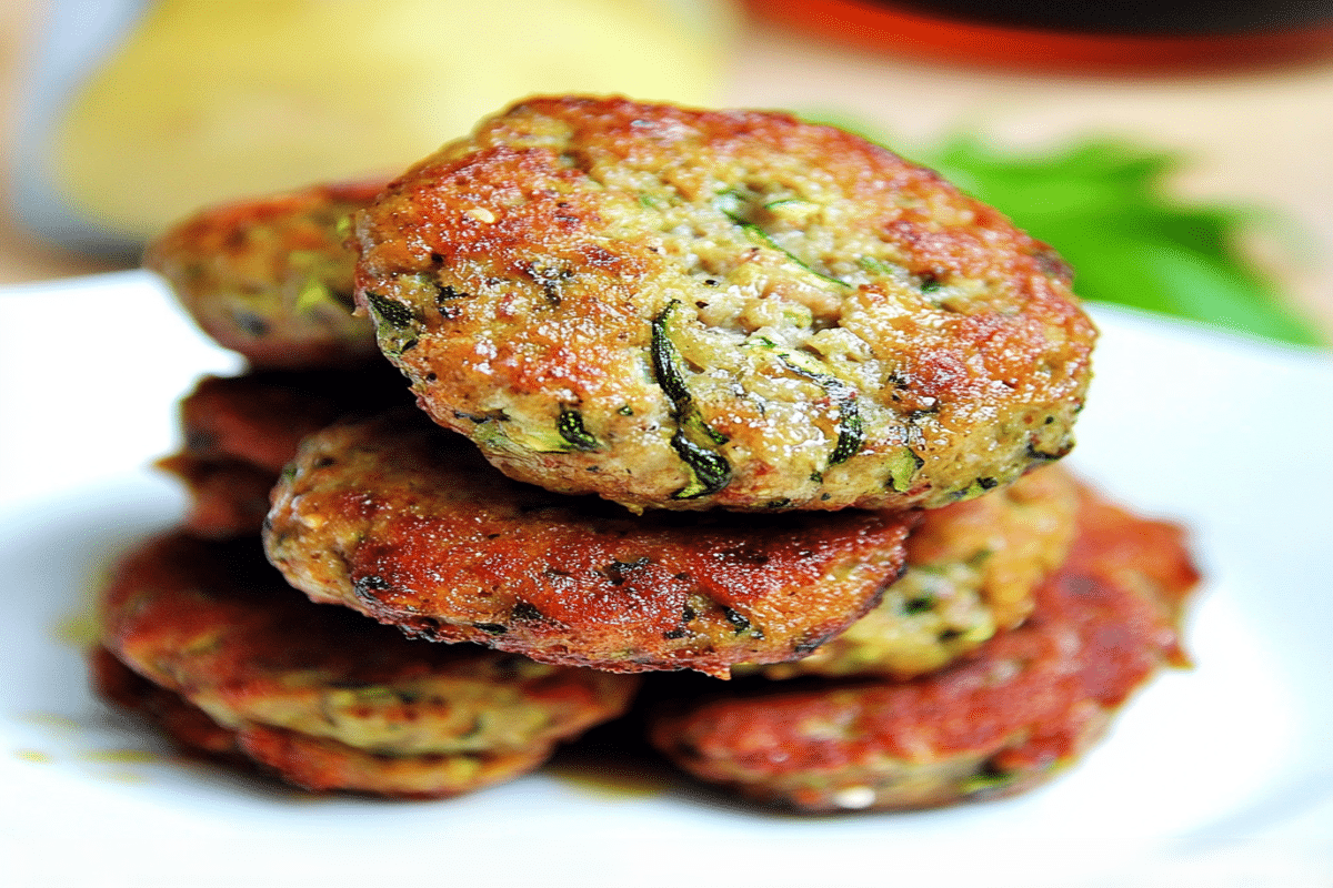 Chiftele de dovlecei reteta aranjate în turn pe farfurie