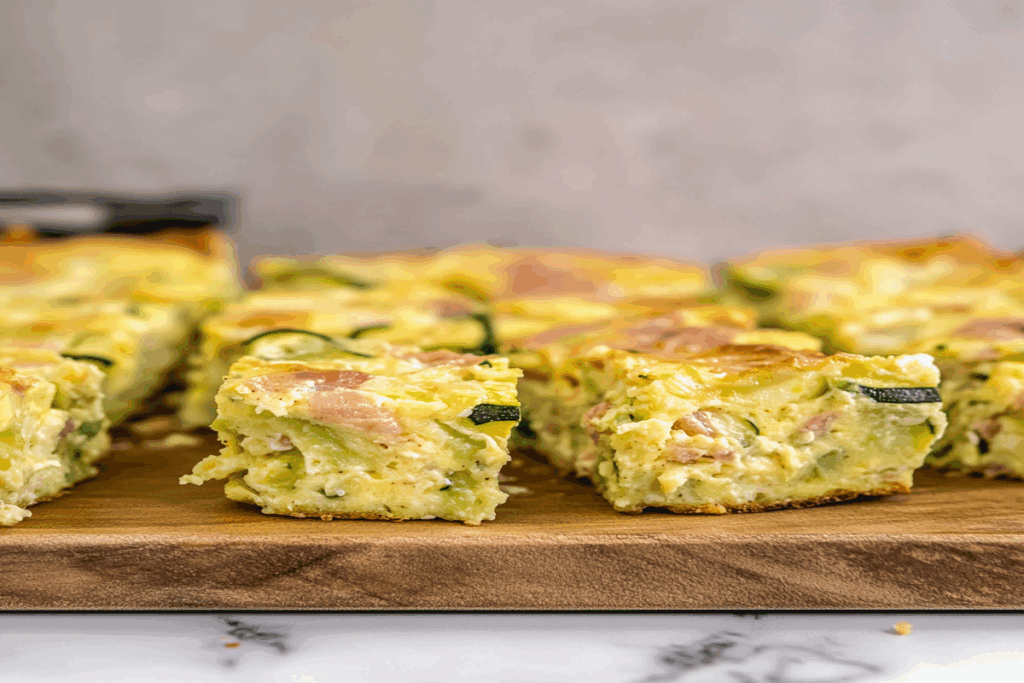 Dovlecei pane la cuptor cu ou – Uimitor de buni și ușor de făcut 7 Prim-plan cu o bucată tăiată de dovlecei pane la cuptor cu ou.